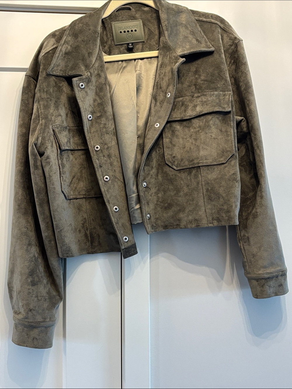 Blank NYC Cropped faux Suede Jacket in Taupe Gray